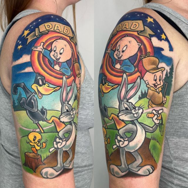 of a tattoo very colorful ial sleeve looney tunes tattoo sleeve looney
